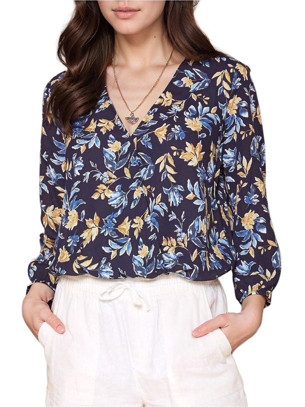 Pleione Navy Floral V-Neck Bodysuit